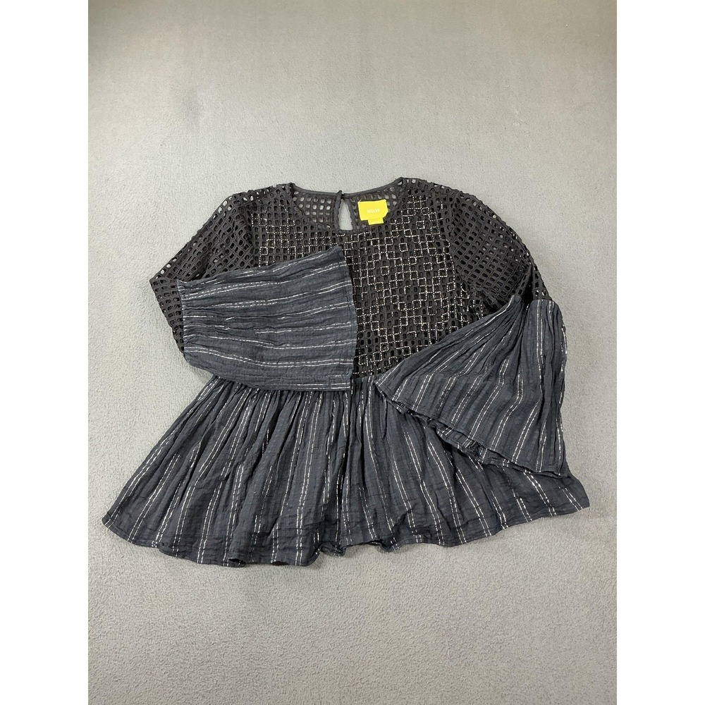 Maeve Tunic Womens 2 Black Cotton Bell Sleeve Beaded Crochet Sheer Striped